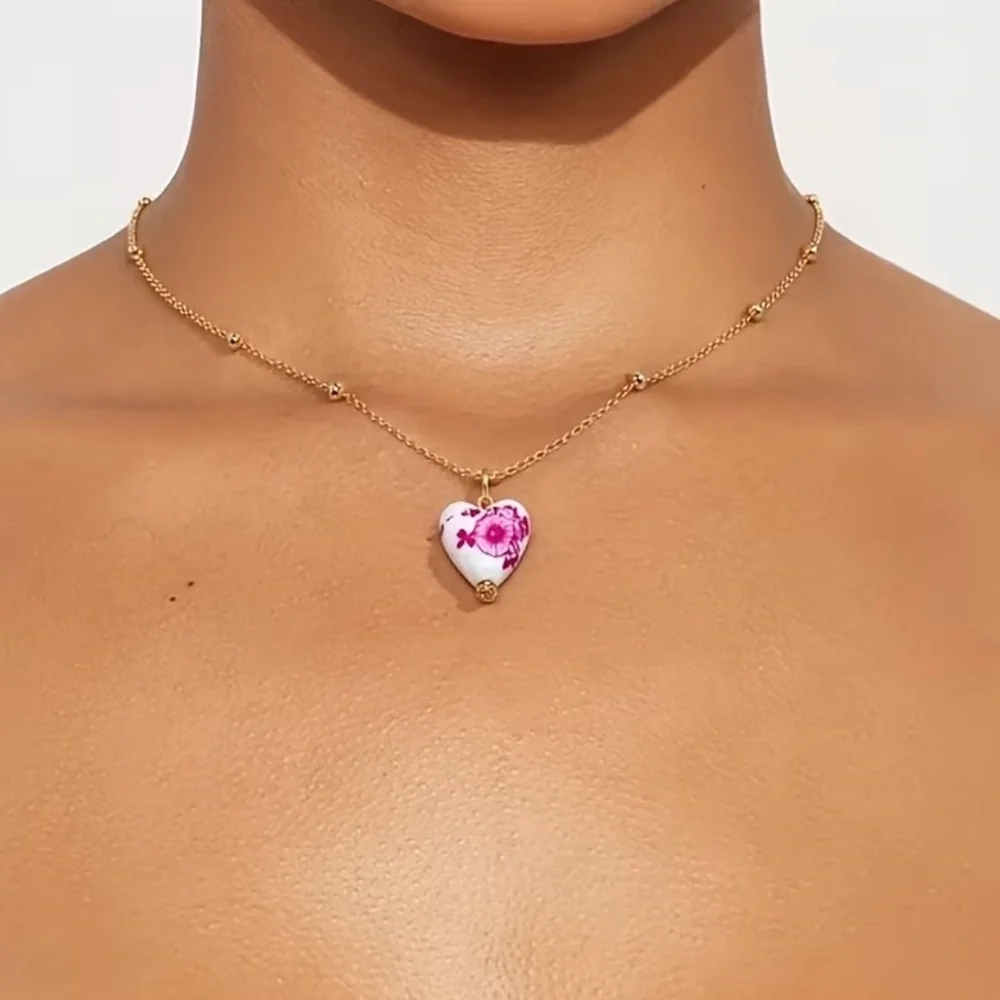 NEW Pink Toile Porcelain Heart Pendant Gold Necklace